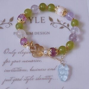 COPY - Fresh Water Pearls & Green Jade  & Amethyst & Fluorite Carved Flower Bra…